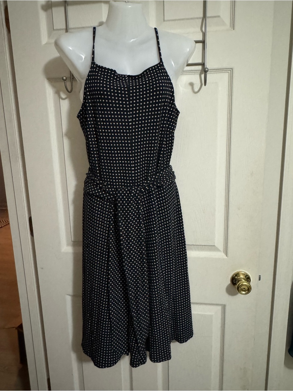 Ann Taylor Navy Polka Dot Sleeveless Tie Waist Stretch Dress